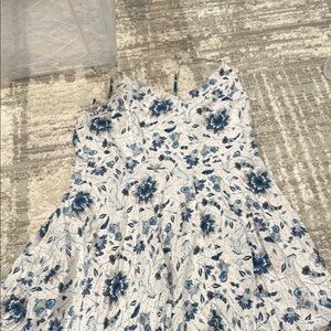Floral Print Dress with Blue and White Pattern